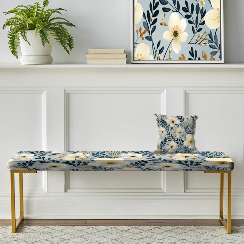 Floral Upholstered Gold Bench, Dreamy Garden Minimalist Flower I