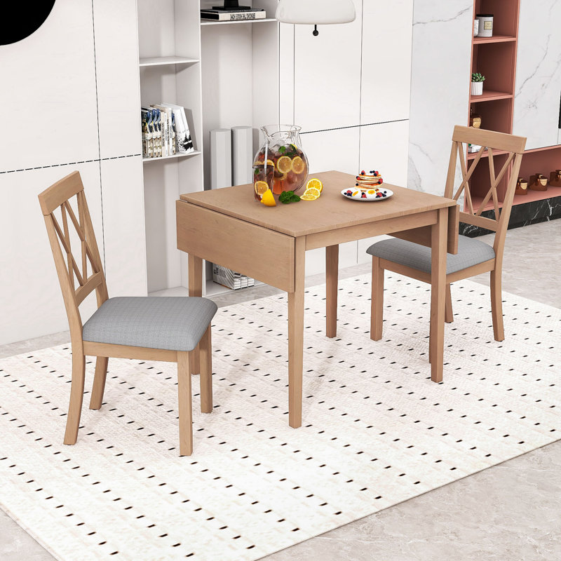 Space-Saving Extendable Dining Set – Foldable Drop Leaf Table with 2 Upholstered Chairs, Natural