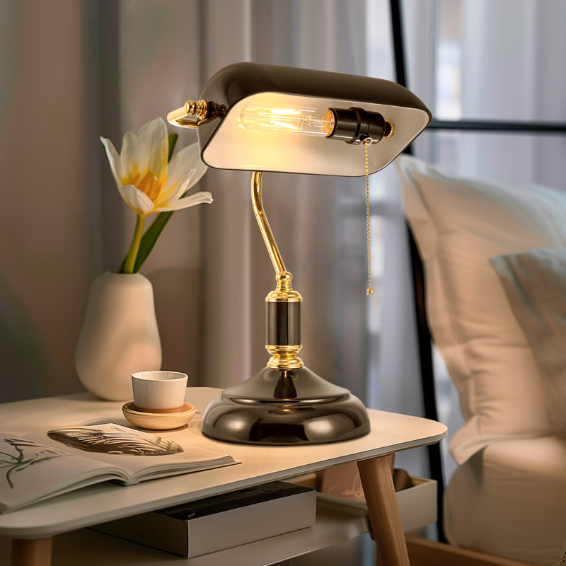 Black Glass Bankers Lamp With Gold Trim And Pull Chain Switch, Adjustable Desk Light For Office, Library, Or Study, Black