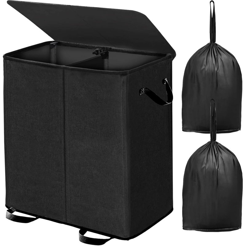 Double Laundry Hamper With Lid And Removable Bags, Laundry Basket 2 Section, Double Hampers For Laundry, Large Divided Hamper, Dual Laundry Hamper 2 Section With Handles Dorm 140L
