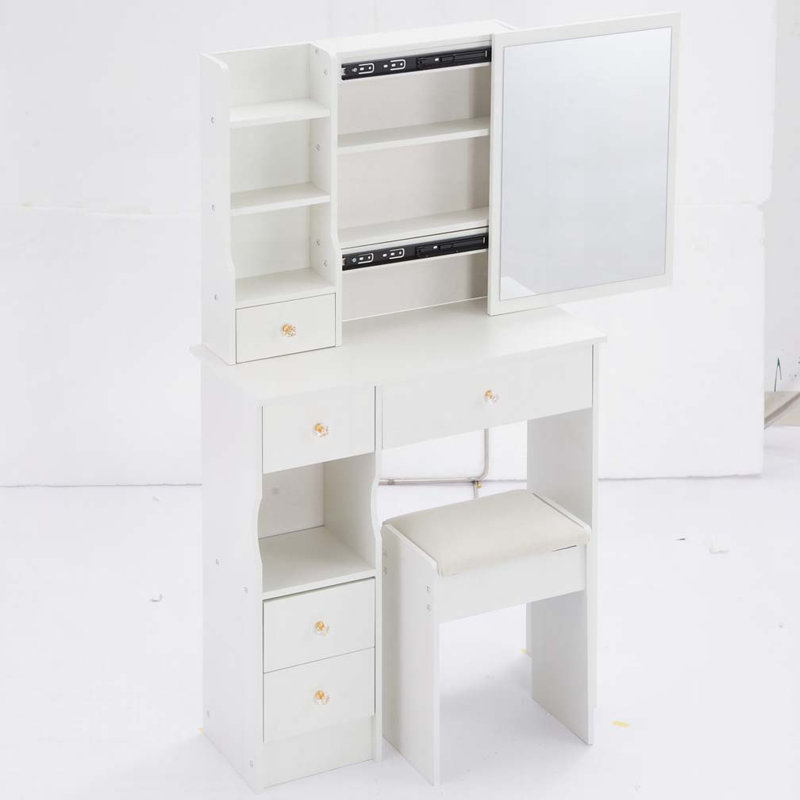 Petit meuble-lavabo de 29,2 po avec tiroir à gauche et tabouret rembourré, très grand miroir coulissant à droite, rangement multi-couches à grande capacité, commode pratique et pratique, convient aux petits espaces