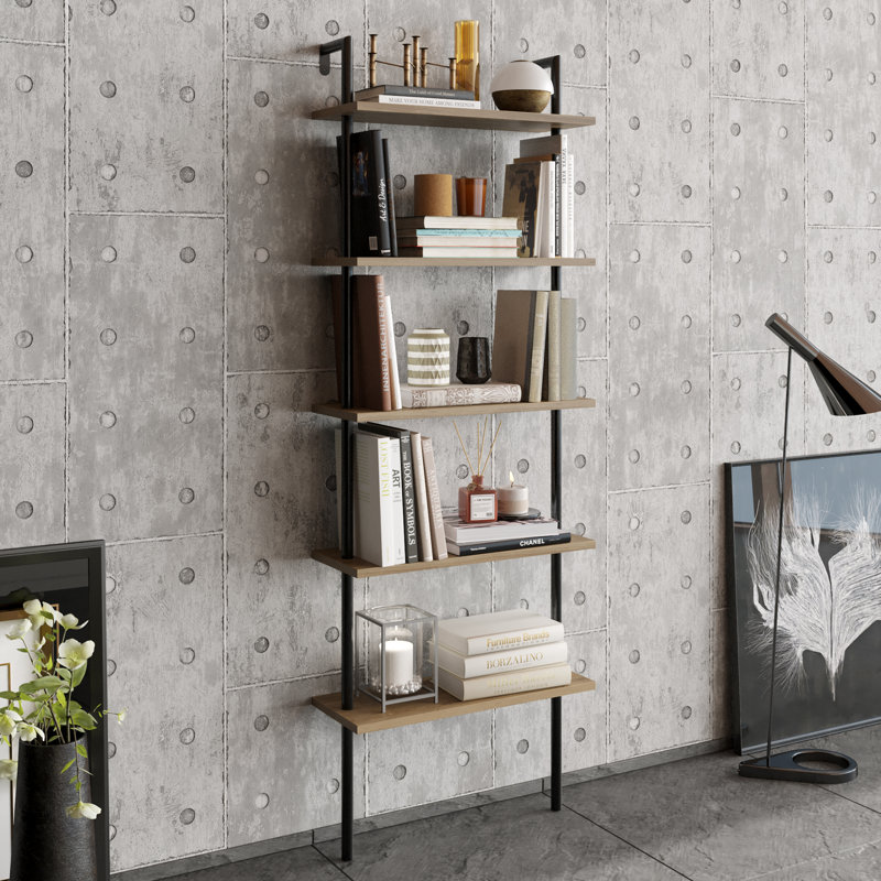 Iker 174cm H x 60cm W Stainless Steel Ladder Bookcase, Black/Oak