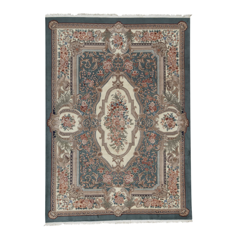 Tapis vert et ivoire noué à la main de haute qualité