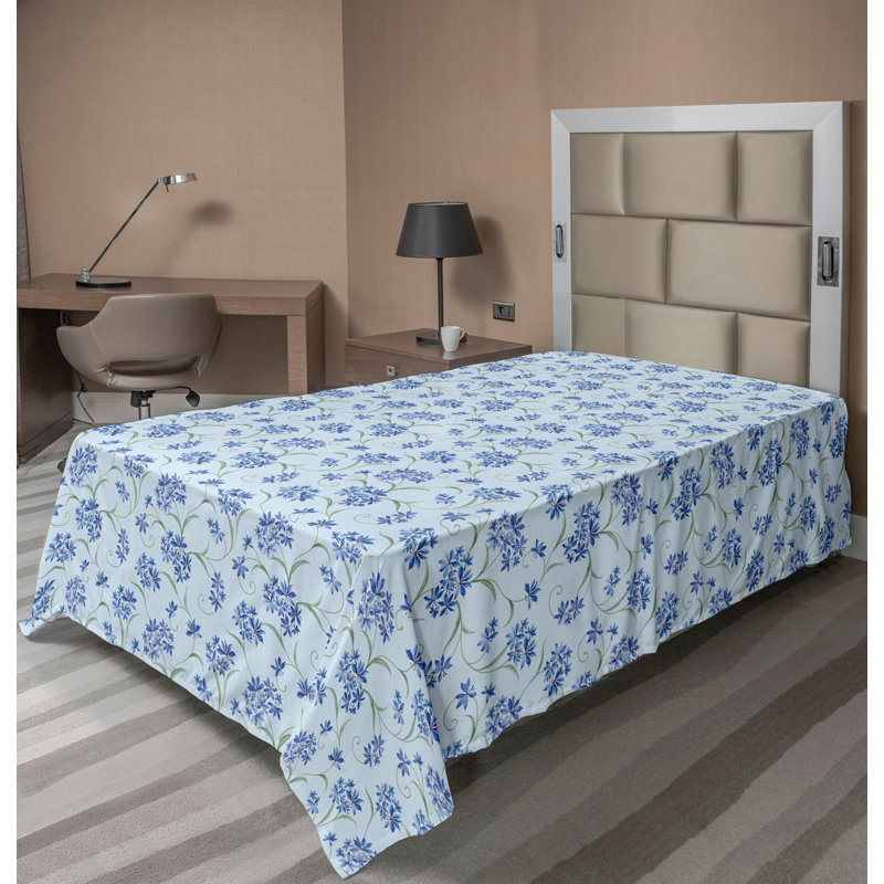 Ambesonne Floral Flat Sheet Leafy Flower Weathered Back Soft Blue Cobalt Blue