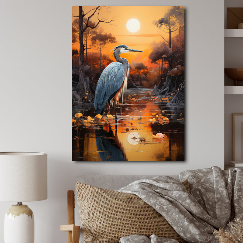 Bedourie Heron Silent Waters Pointillism II sur toile, H 44 po x l 34 po x P 1,5 po, Toile tendue