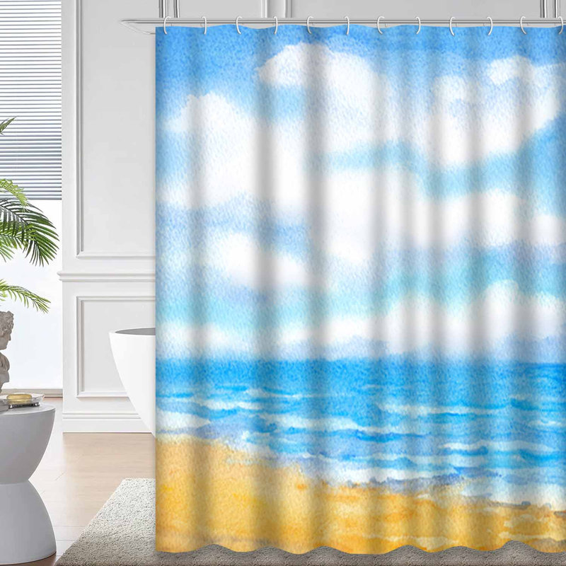Aquarelle, espace, nuages blancs, ciel bleu, turquoise, satiné, océan, surf, 12 crochets, L 72 po x l 72 po