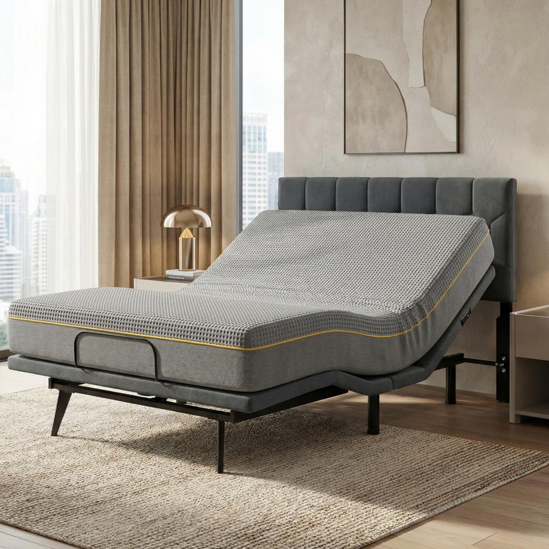 Structure de lit réglable de qualité supérieure avec télécommande sans fil et tête de lit en velours - Système de sommeil complet