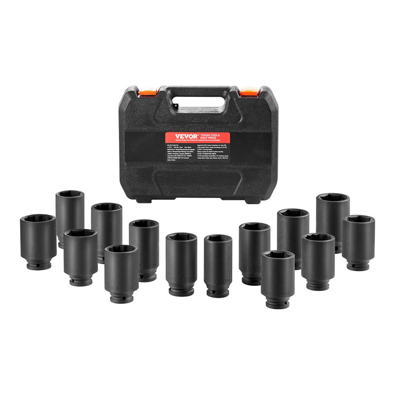 Axle Nut Impact Socket Set 1/2" Drive Deep 6+12-Point 14PCS Metric Socket