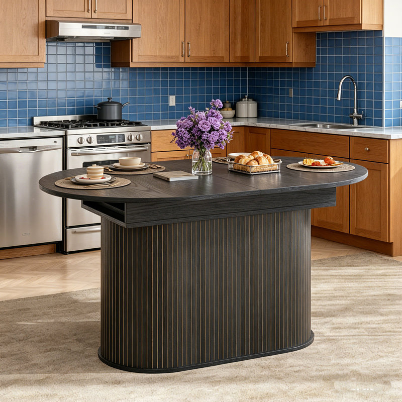 Extendable Black Curved Dining Table, 55.2-70.98 Inches, Striped Legs, Suitable For Living Room And Kitchen., Black