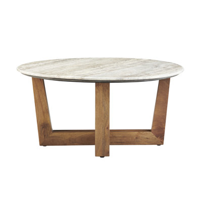 White Stone and Solid Wood Round Cocktail Coffee Table