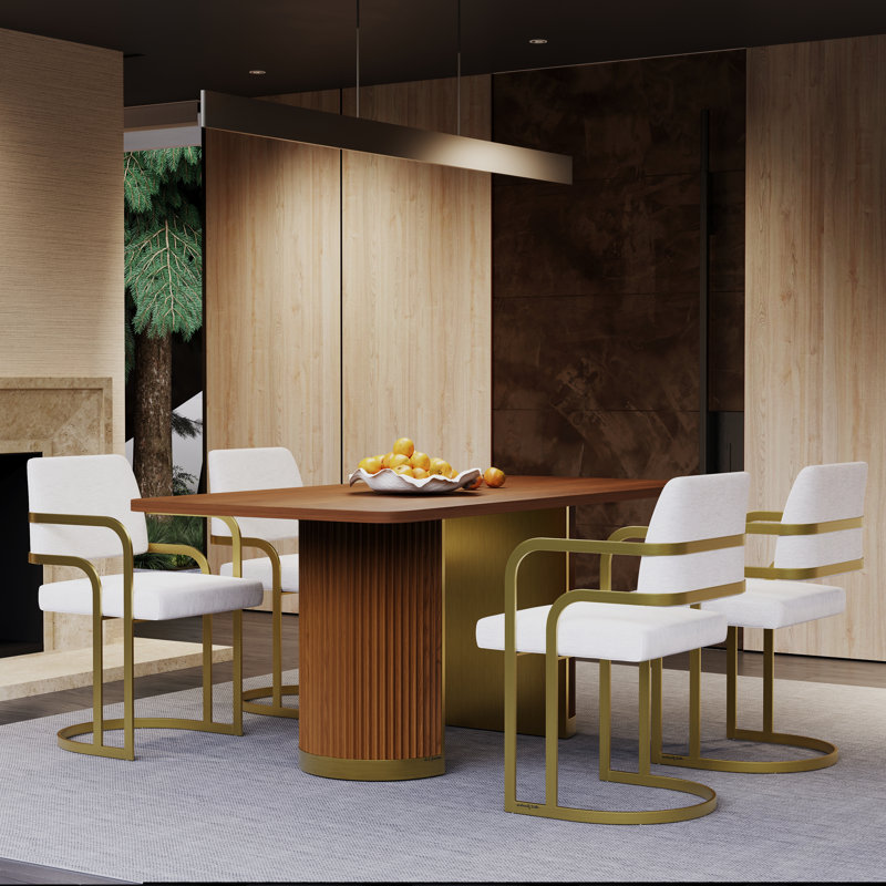 70 Inch Walnut Solid Wood Dining Table With Fluted Design And Brushed Gold Base, Brown, 30'' H x 70'' L x 35.4'' W