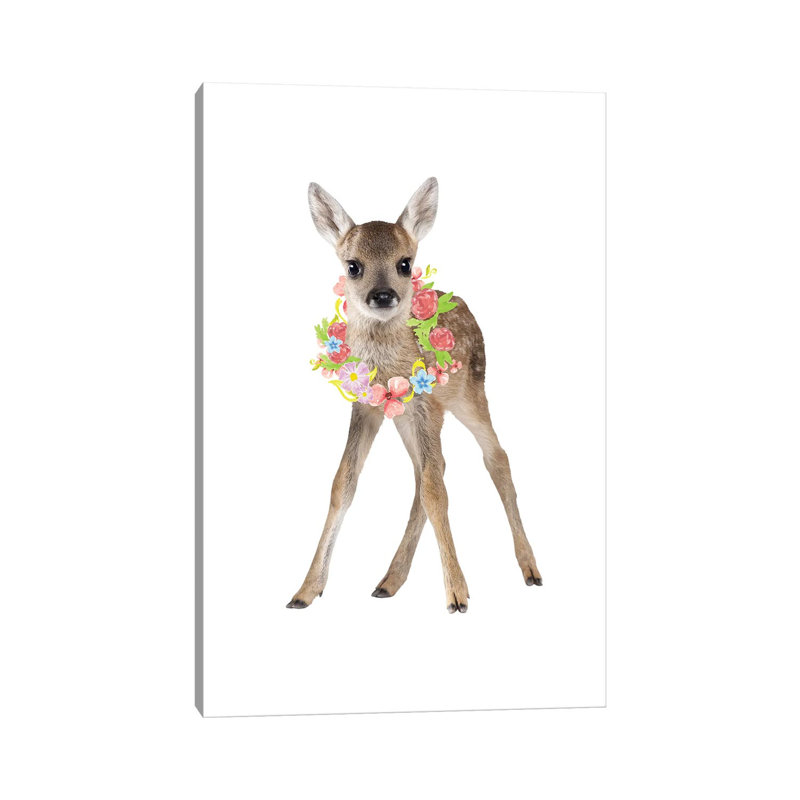Cerf fauve avec couronne de fleurs, impression, H 18 po x l 12 po x 1,5 po