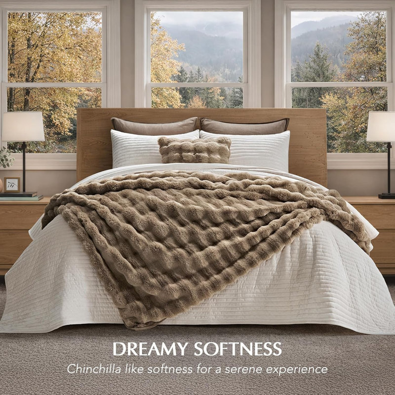 Ridgeline Faux Fur Throw Blanket, 80" L x 60" W, Greige