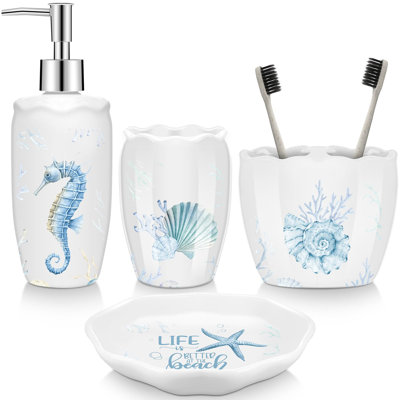 4 accessoires de salle de bain de plage, décor de salle de bain animaux de mer, gobelet sous la mer, distributeur de savon, porte-brosse à dents, porte-savon étoile de mer