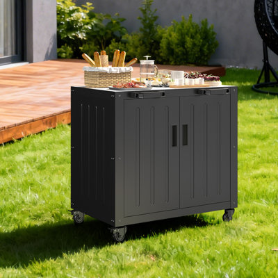 Heavy Duty Weatherproof Stainless Steel Grill Cart with Storage Cabinet – Outdoor BBQ Prep Island Trolley, Lockable Wheels for Lawn, Garden, Patio