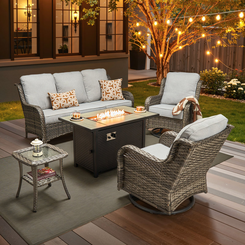 5-Piece All-Weather Wicker Patio Furniture Set With 42” Fire Pit Table, Deep Seating Sofa & Swivel Rocker Chairs For Backyard, Patio & Poolside Evenings