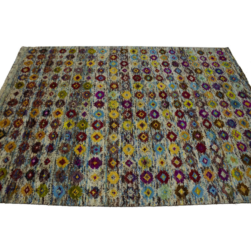 Tapis bleu géométrique noué à la main 5 pi 6 po x 7 pi 7 po