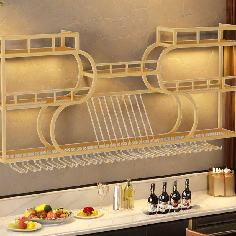 Porte-bouteilles mural à plusieurs niveaux, Doré, H 33,8 po x l 59 po x P 7,8 po