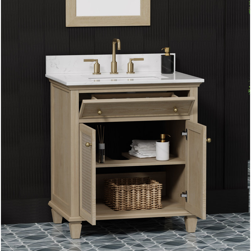 Meuble-lavabo simple 30 po avec plateau en quartz de Carrare blanc Ronnie, pré-assemblé