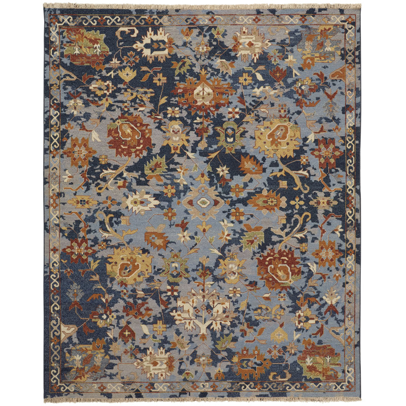 Tapis floral en laine noué à la main bleu / orange / rouge, Rectangle 2 pi x 3 pi