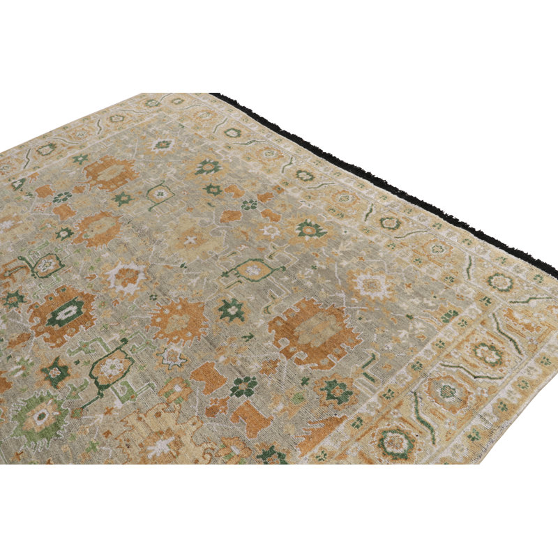Antique Oushak Rug In Gray Green And Gold Floral Pattern By Rug & Kilim, Square 4'