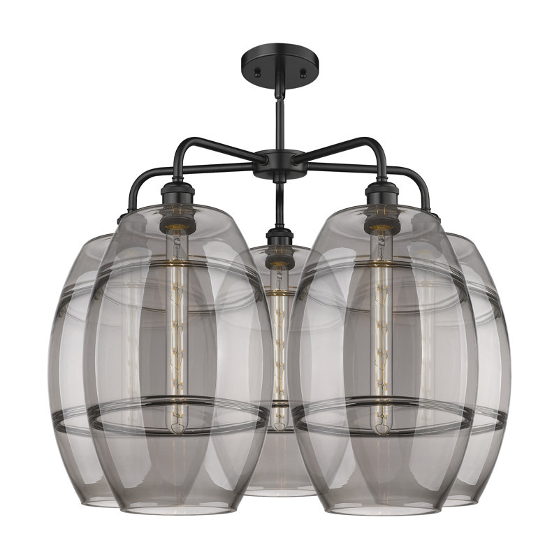 Lustre rond / ovale à abat-jour 5 lumières, Gris fumée clair, Noir mat, H 24 po x l 28 po x P 28 po