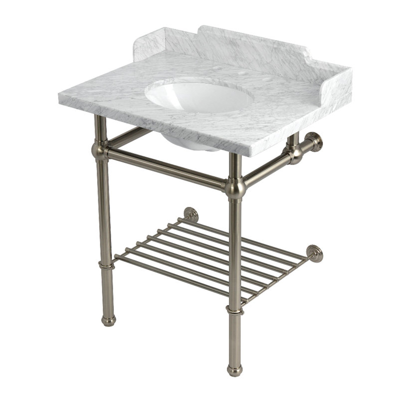 Kingston Brass Pemberton 30-Inch Carrara Marble Console Sink with Brass Legs and Shelf (8-Inch, 3-Hole)