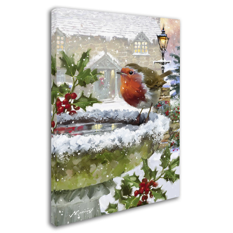 Robin On Birdbath Winter Scene Gallery-Wrapped Canvas Art