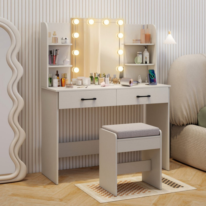 Ensemble coiffeuse avec miroir lumineux et tabouret avec prise de courant, Blanc