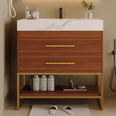 29.9" Modern Freestanding Bathroom Vanity With Sintered Stone Top Ceramic Undermount Sink & Bottom Shelf For Small Bathrooms, Apartment
