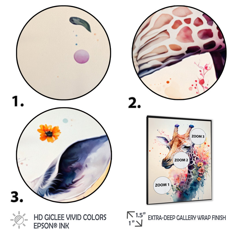 «Cute Giraffe Floral Art II», peinture sur toile, Impression noire sur toile encadrée, H 32 po x l 16 po x P 1 po