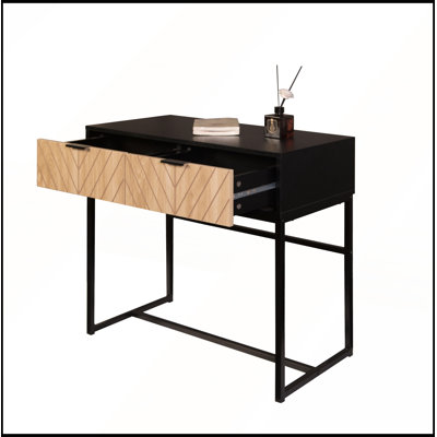 Modern Entryway Console Table with Matte Metal Frame and Chevron Wood Drawers Compact Storage Sofa Side Table