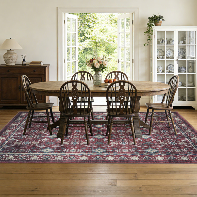 Area Rug 5×7, Washable Vintage Boho Rug, Low-Pile Non-Slip Stain Resistant Carpet for Living Room, Bedroom, Dining Room, Kids Nursery, Red
