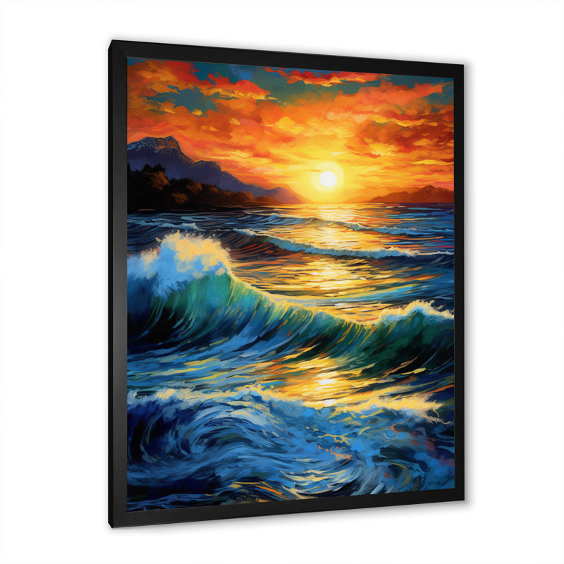 Lumineux coucher de soleil de vagues se brisant sur le rivage II, H 40 po x l 30 po x P 1,5 po, Cadre simple noir