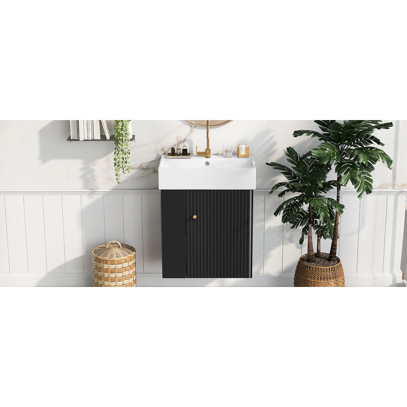 Meuble-lavabo flottant avec lavabo en céramique, Noir, Doré