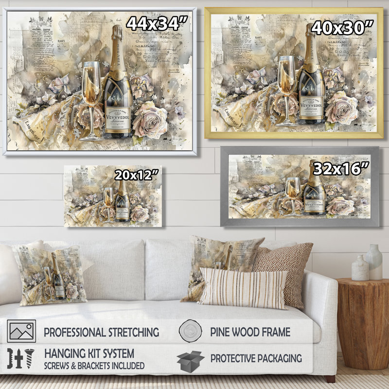 Elegant Sparkling Wedding Champagne II - Champagne, impression d'art mural, Toile tendue, H 12 po x l 20 po