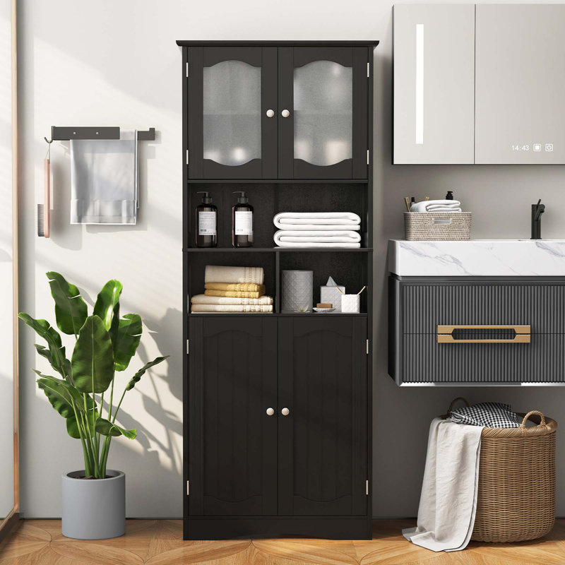 58.5" Tall Bathroom Storage Cabinet Freestanding Linen Cabinet With Shelves, Black
