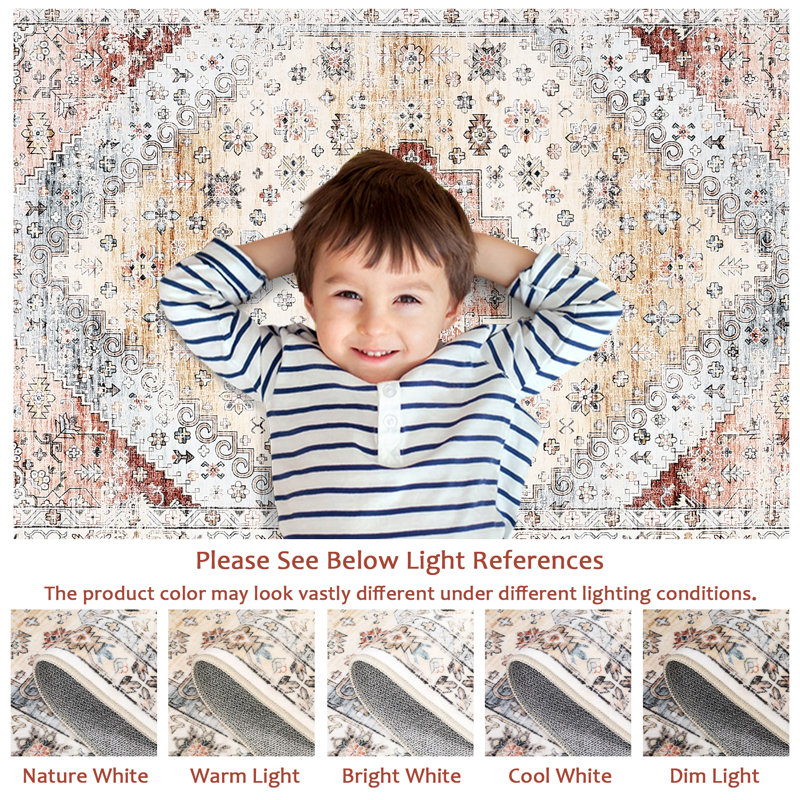 Machine Washable Rug with Rubber Backing for Living Room Boho Non-Slip Dining Room Rug Easy-Cleaning Floor Carpet for Bedroom