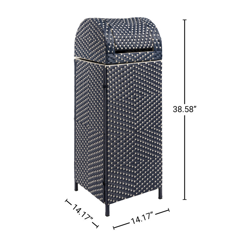 Darla All-Weather Wicker/Metal Swing Top Hideaway Outdoor Trash Can, Navy/White, 31.39 Gal