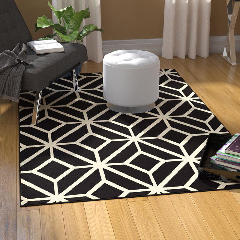 Tapis noir et blanc à motif géométrique, Rectangle 8 pi x 11 pi