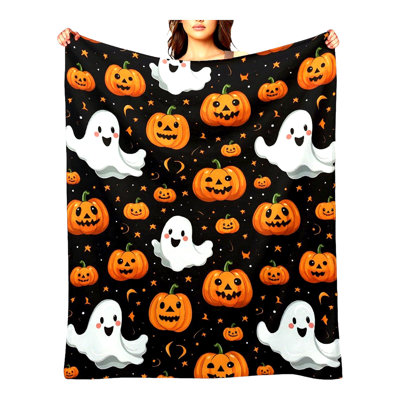 CozyPumpkin Flannel Fleece Blanket - Soft, Warm, Fluffy Plush Throw with Spider Webs, Black Bats & Decorated Pumpkins Print for Bed, Couch, Chair, Living Room (40x30in)