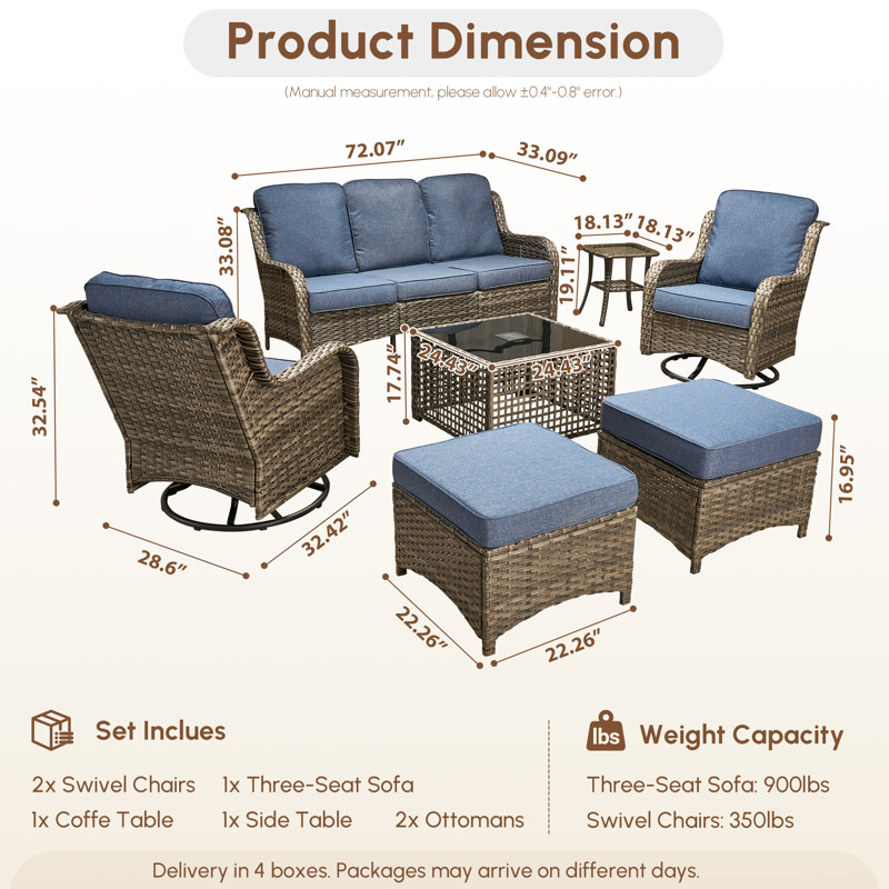 Adams 7-Person Outdoor Wicker Patio Seating Group With Swivel Rocking Chairs, Ottomans & Led Coffee Table, Denim Blue