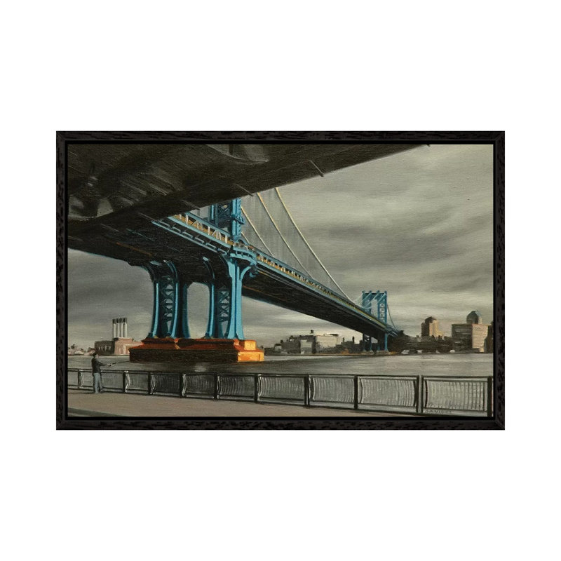 Manhattan Bridge With Grey Skies by Nick Savides - Painting on Canvas, Black Framed, 66.04 cm H x 45.72 cm W