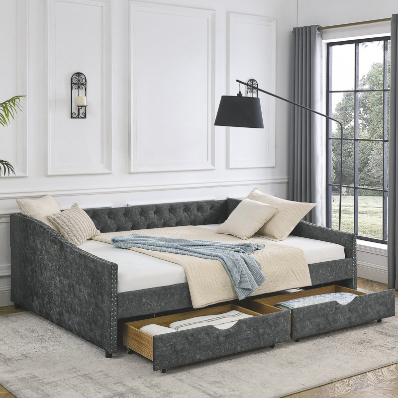 Daybed With Trundle Upholstered Tufted Sofa Bed, Gray, Queen