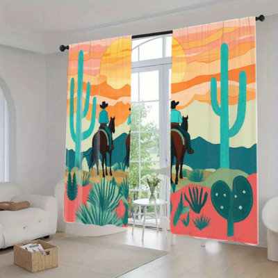2Pcs Desert Cowboy Riding Horse Curtains, Western Cactus Sunset Scenery Rod Pocket  Light Filtering Window Drapes For living Room Bedroom Kitchen Decor
