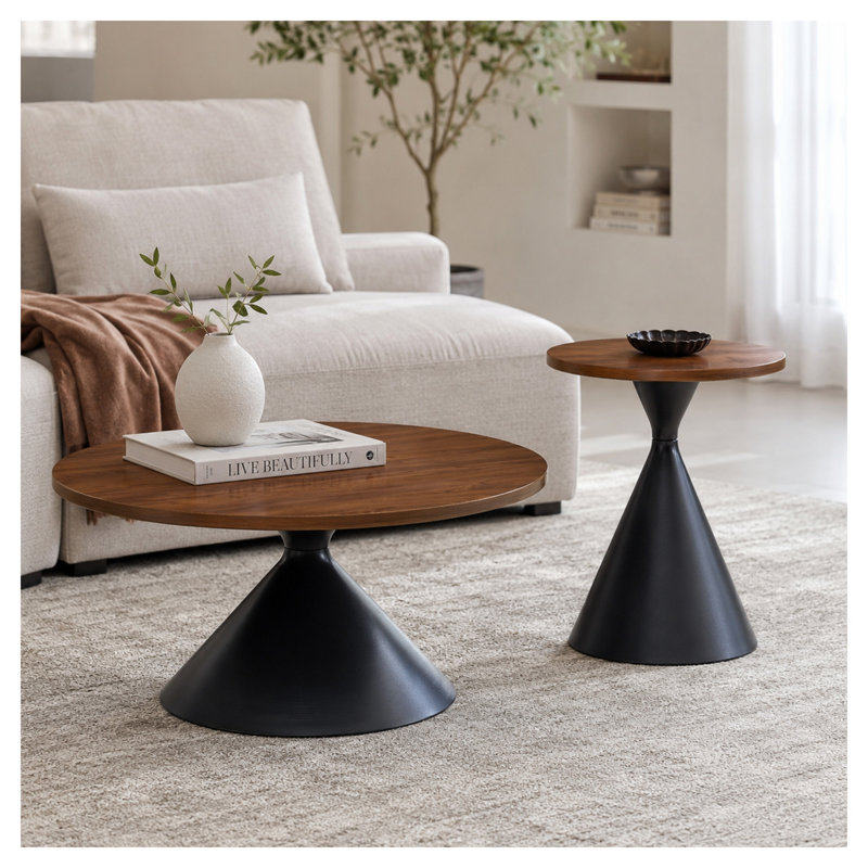 Black and Walnut Nesting Round Coffee Table Set with Hourglass Base