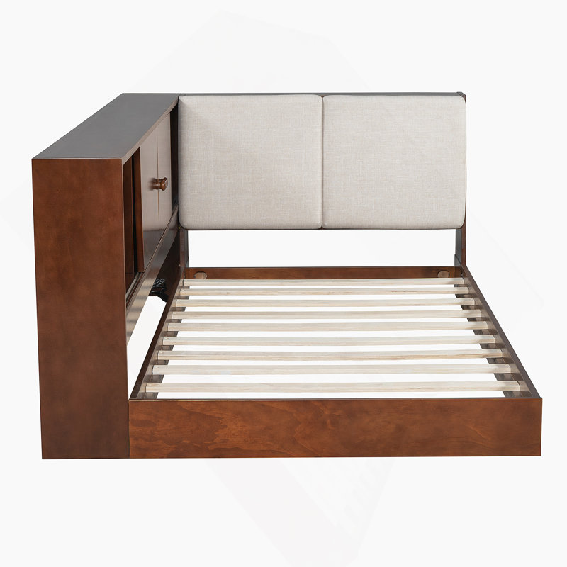L-Shaped Daybed Floor Corner Bed With  USB Charging Ports, Walnut