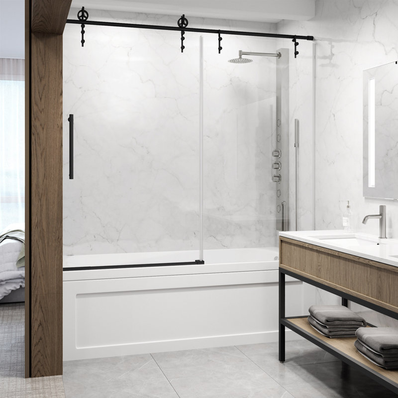 Hamilton 56-60" W x 68" H Sliding Frameless Tub Door with 3/8" Clear Glass, Matte Black