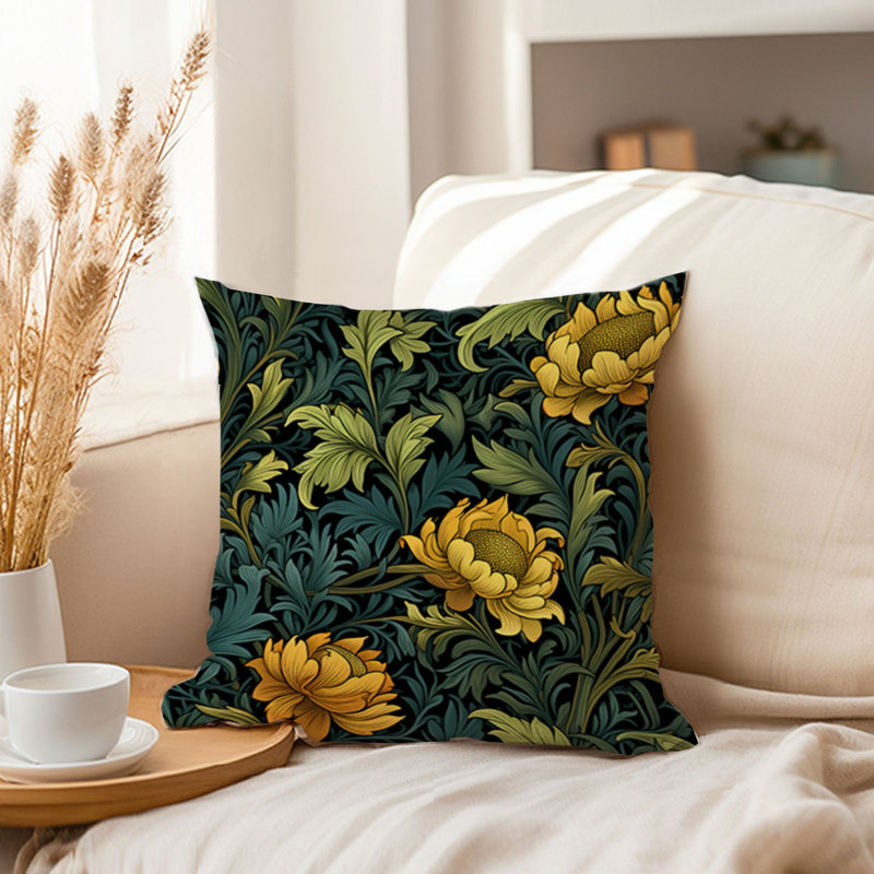 Animals William Morris Birds Damask Pattern I Cottage, 16" H x 16" W, Botanical Damask Flowers Leaves VII