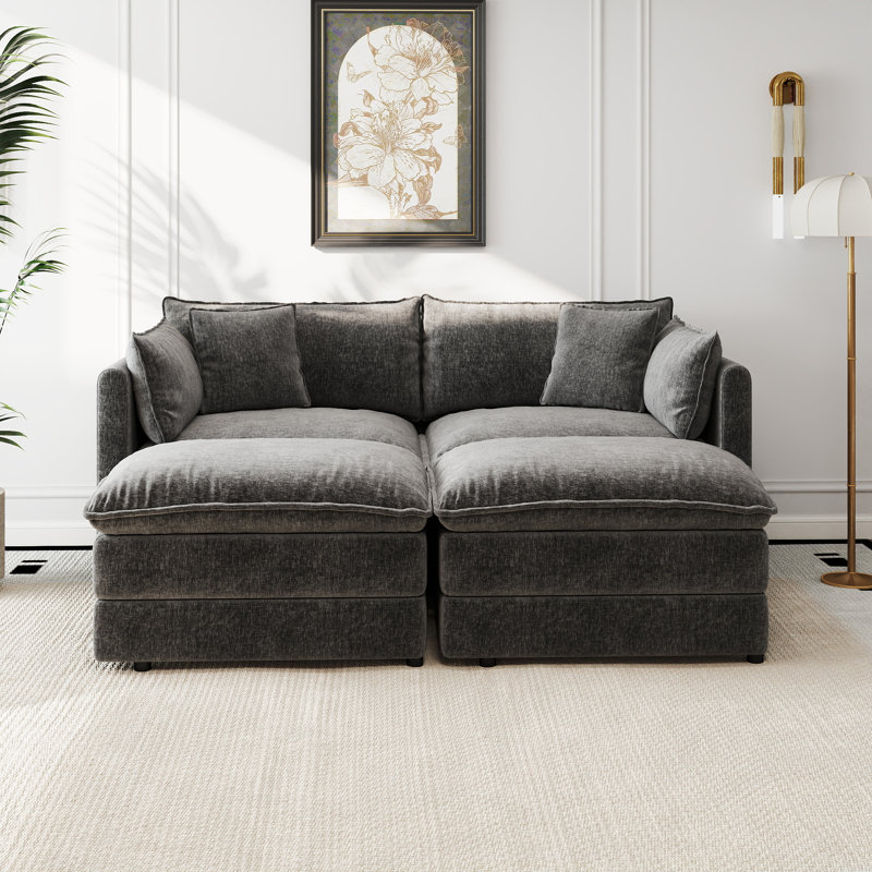 Canapé-lit en chenille moderne avec repose-pieds, Gris chenille, H 33,85 po x l 77,16 po x P 35,82 po